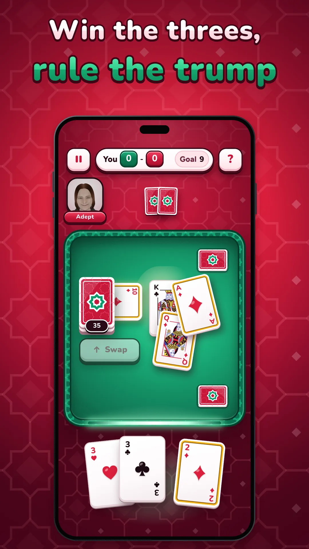 High Three: the card table mid-game, with the trump card and the player's hand