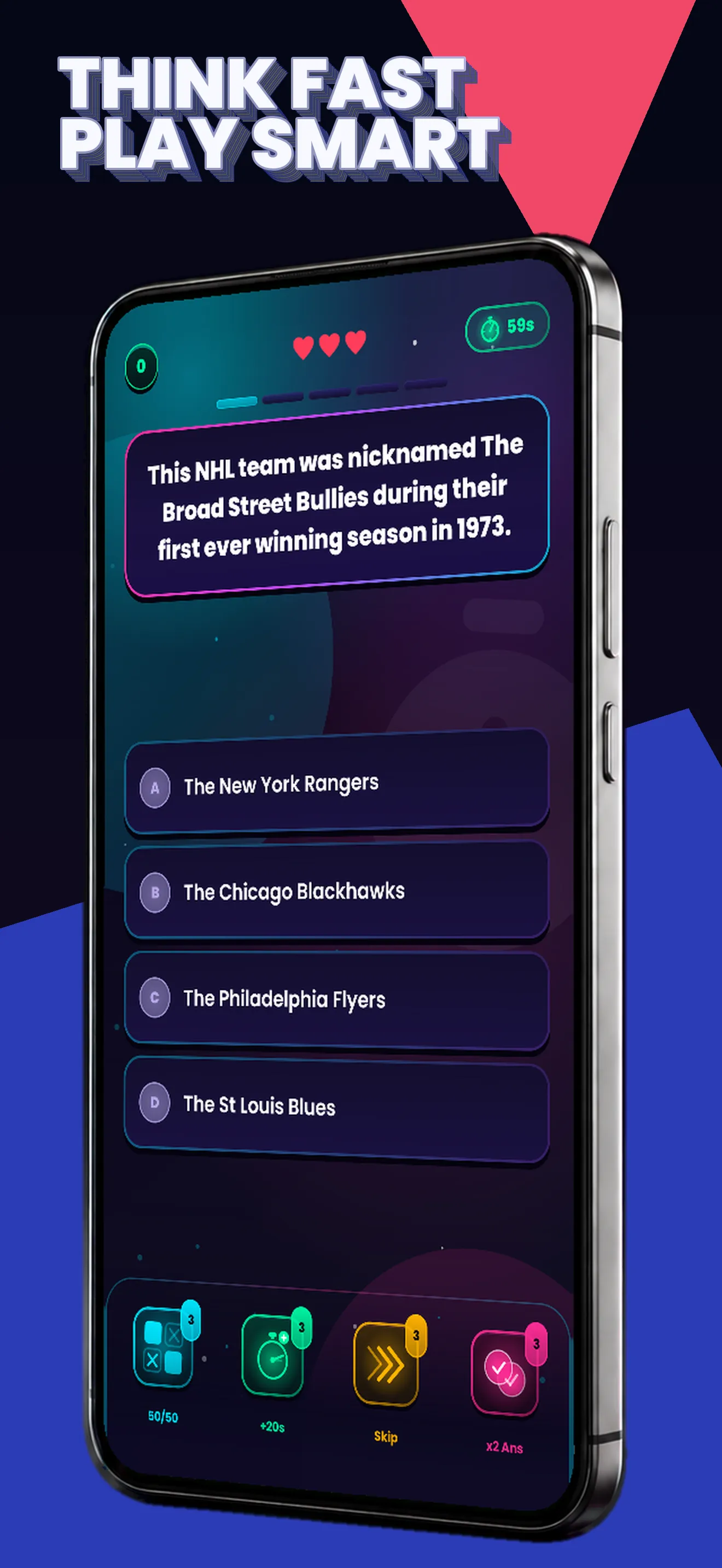 Quiz Flux: a timed trivia question with four answer choices and the joker bar
