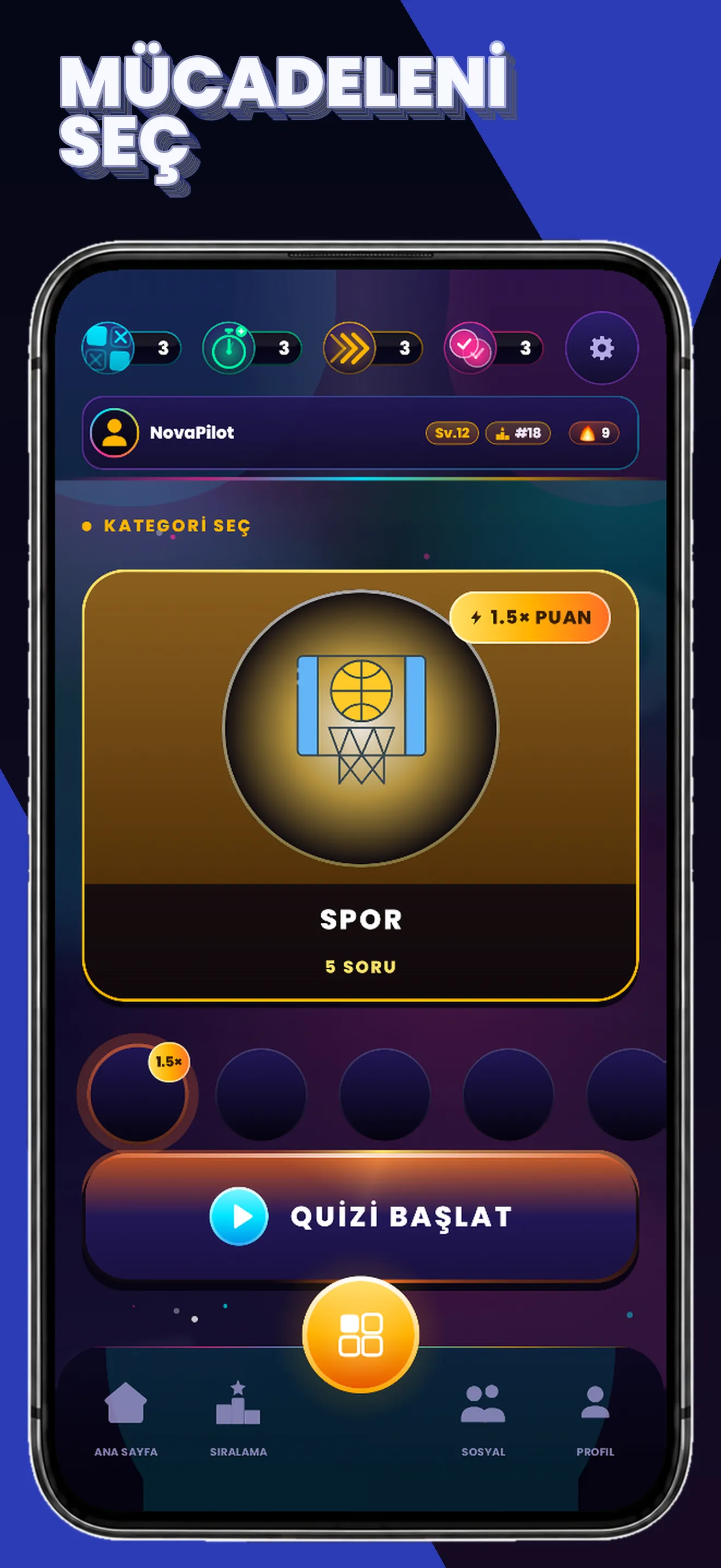 Quiz Flux: Spor kategorisinin seçili olduğu kategori ekranı ve Quizi Başlat düğmesi