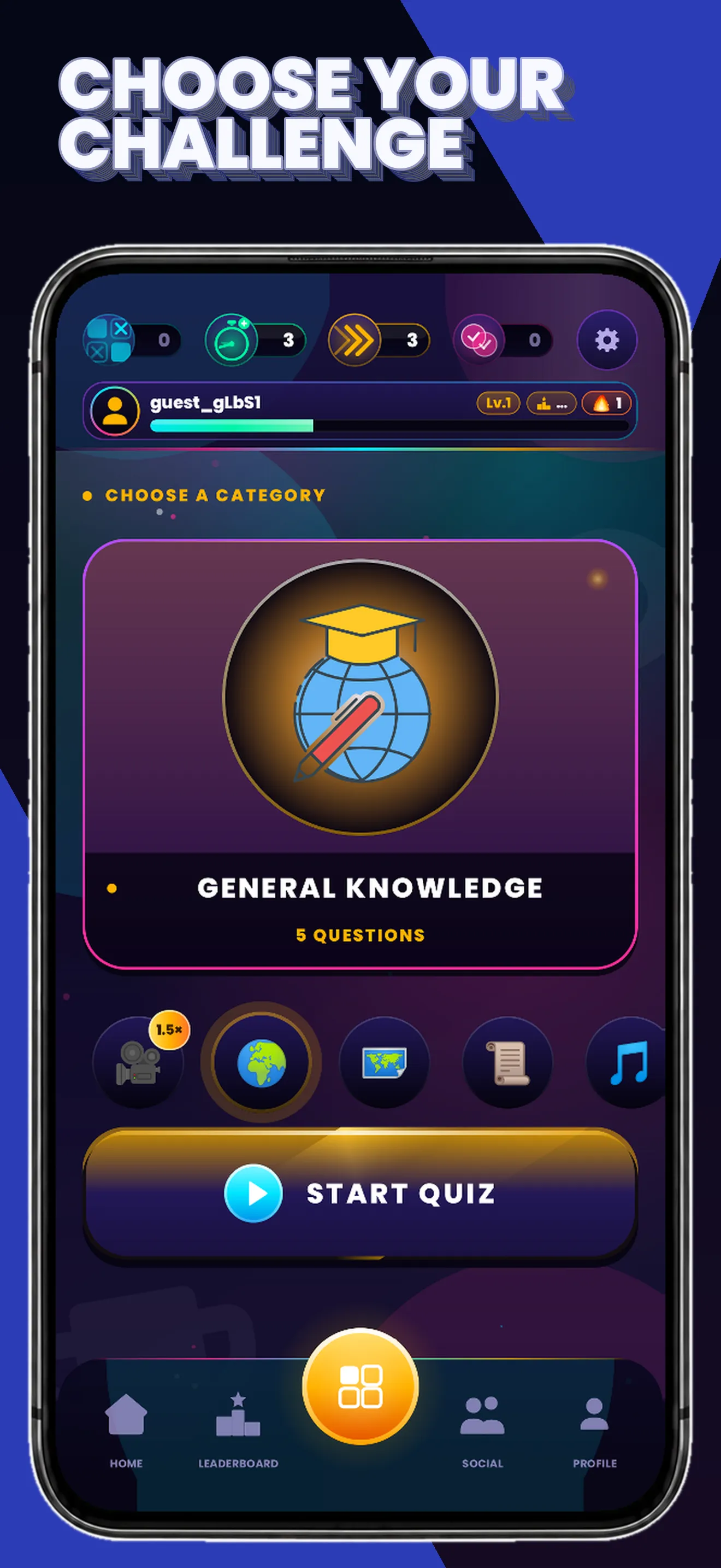 Quiz Flux: category picker with General Knowledge selected and the Start Quiz button