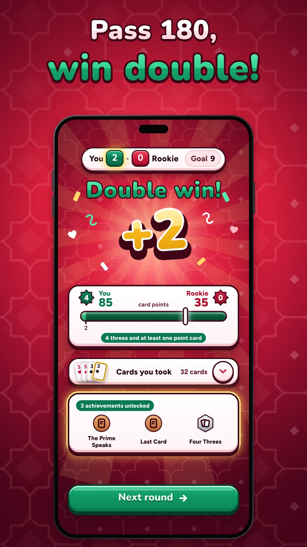 High Three: end-of-deal summary with a double win for 2 points, card points and unlocked achievements