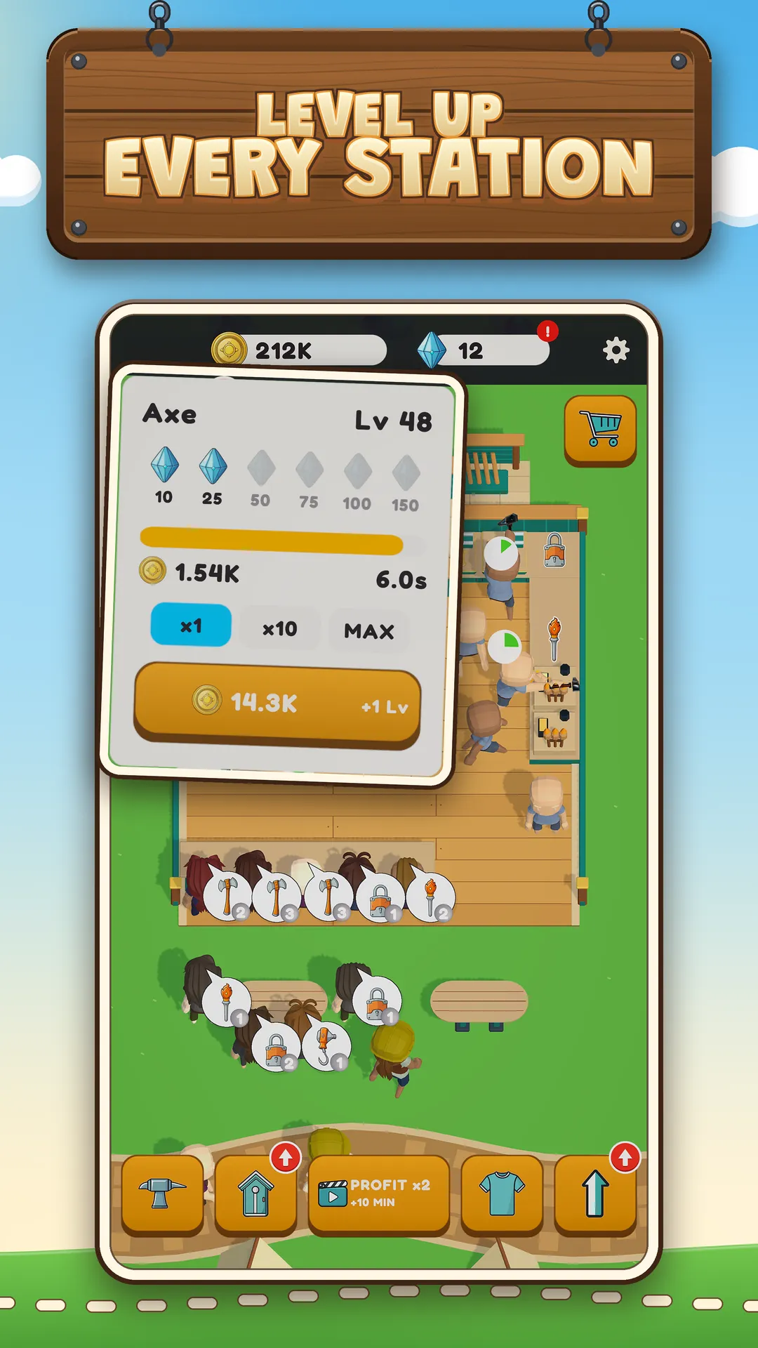 Smeltara: the upgrade panel of the Axe station at level 48
