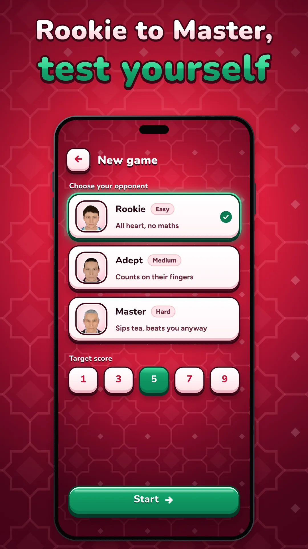High Three: new game screen to choose one of three bot opponents and a target score