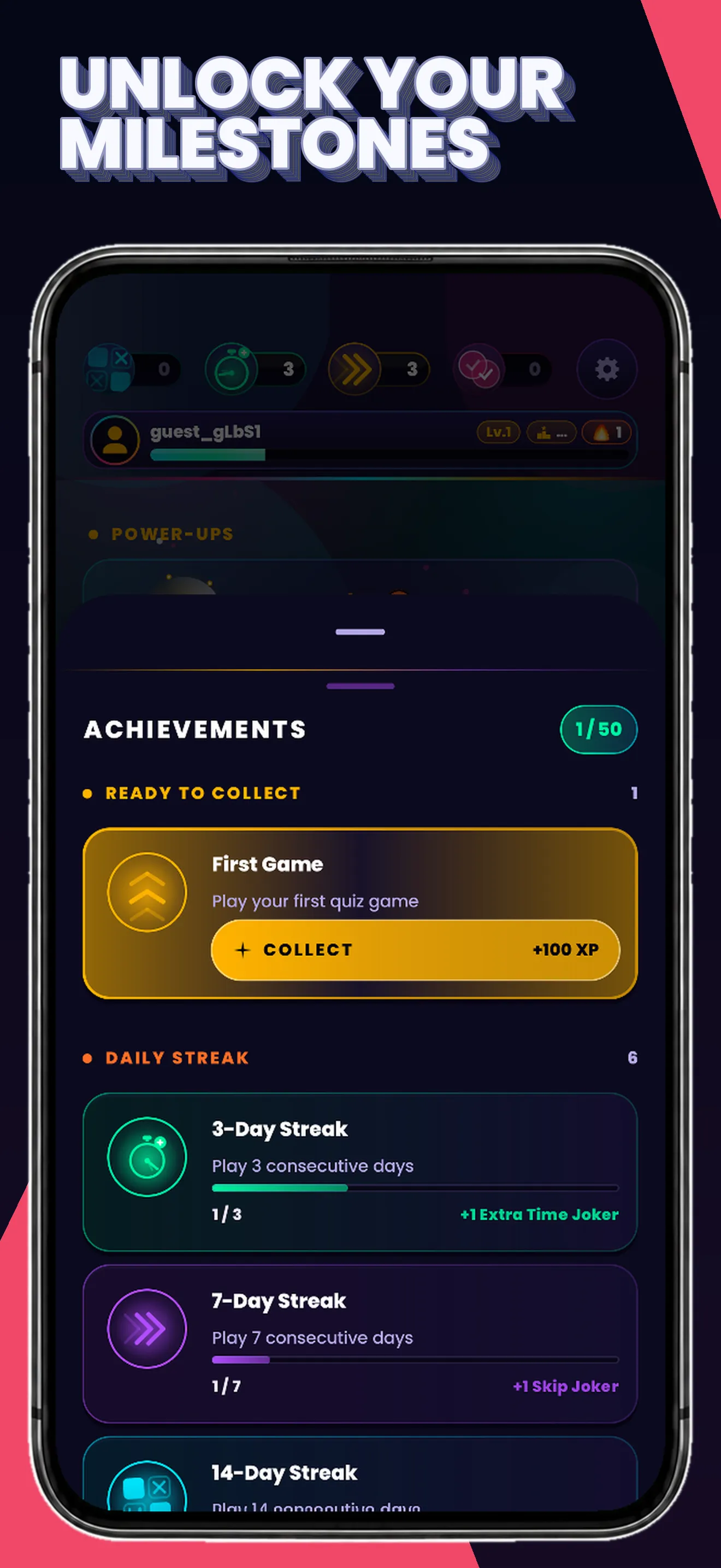 Quiz Flux: achievements and daily streak rewards