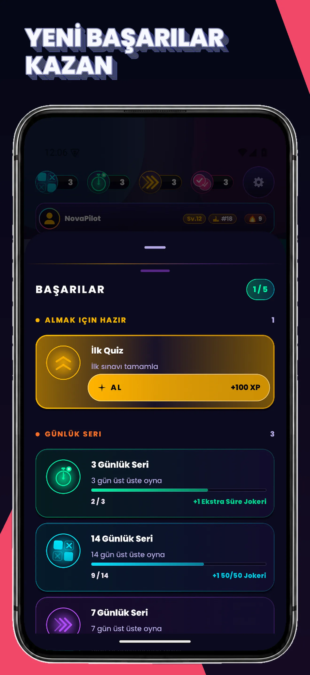 Quiz Flux: başarılar ve günlük seri ödülleri