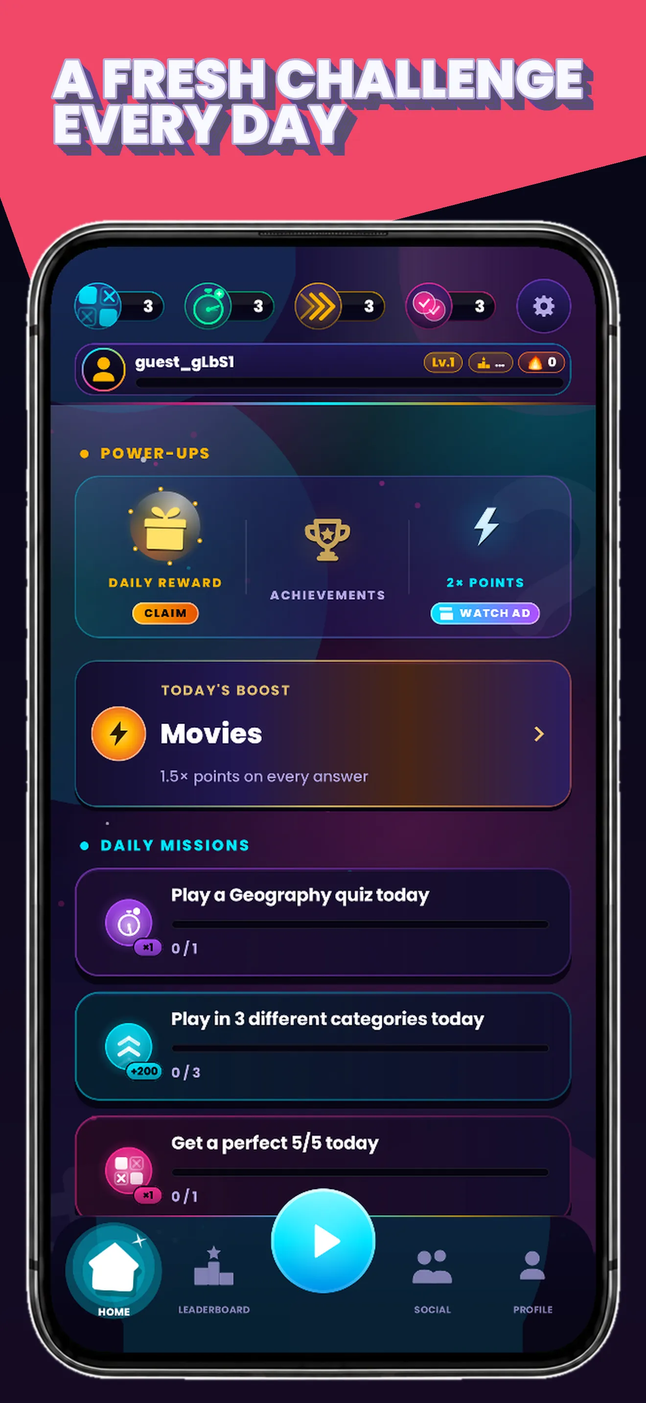 Quiz Flux: home screen with power-ups, today's boost and daily missions