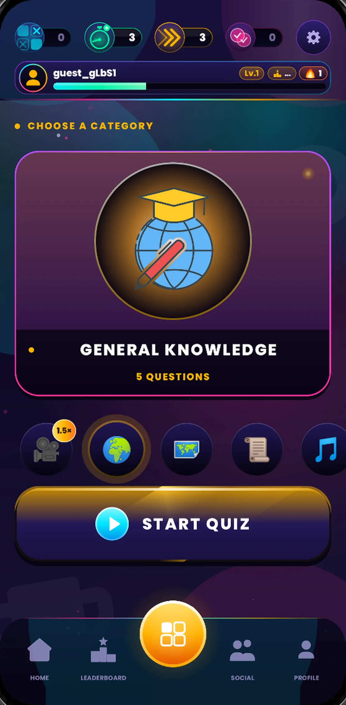 Quiz Flux category screen with a Start Quiz button